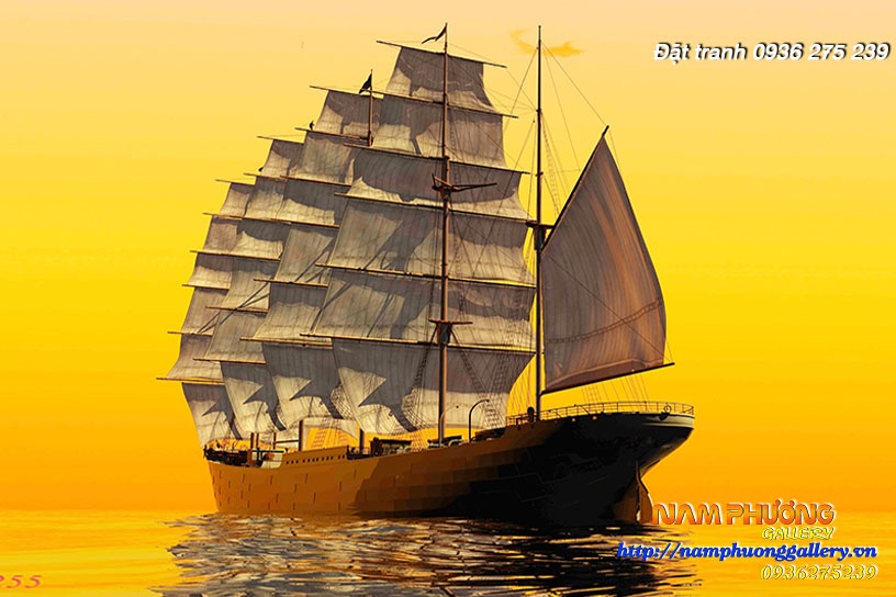 Tranh thuyền buồm - Tranh hoa sen - Tranh phong thủy cho người tuổi Nhâm Tuất