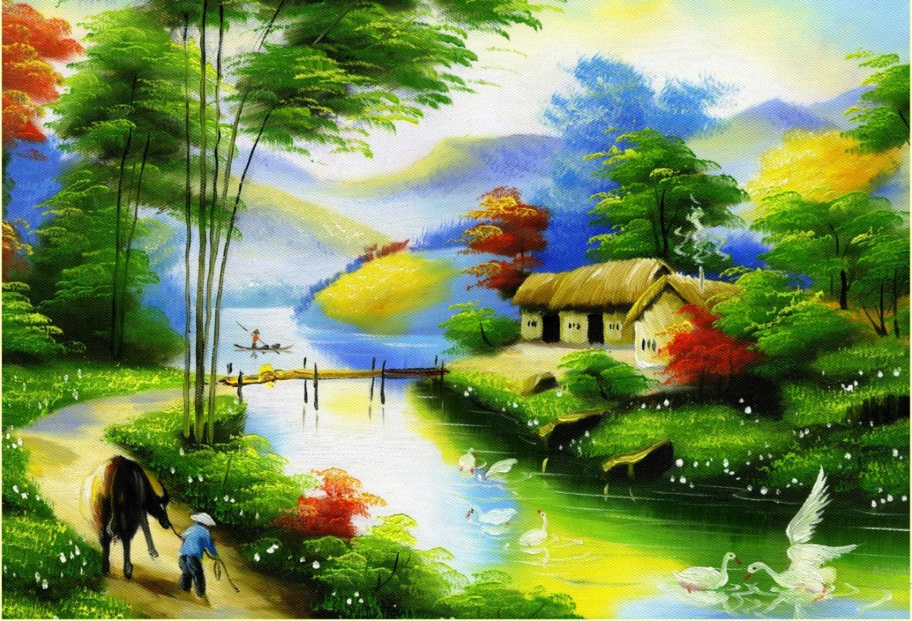 tranh vẽ phong cảnh làng quê