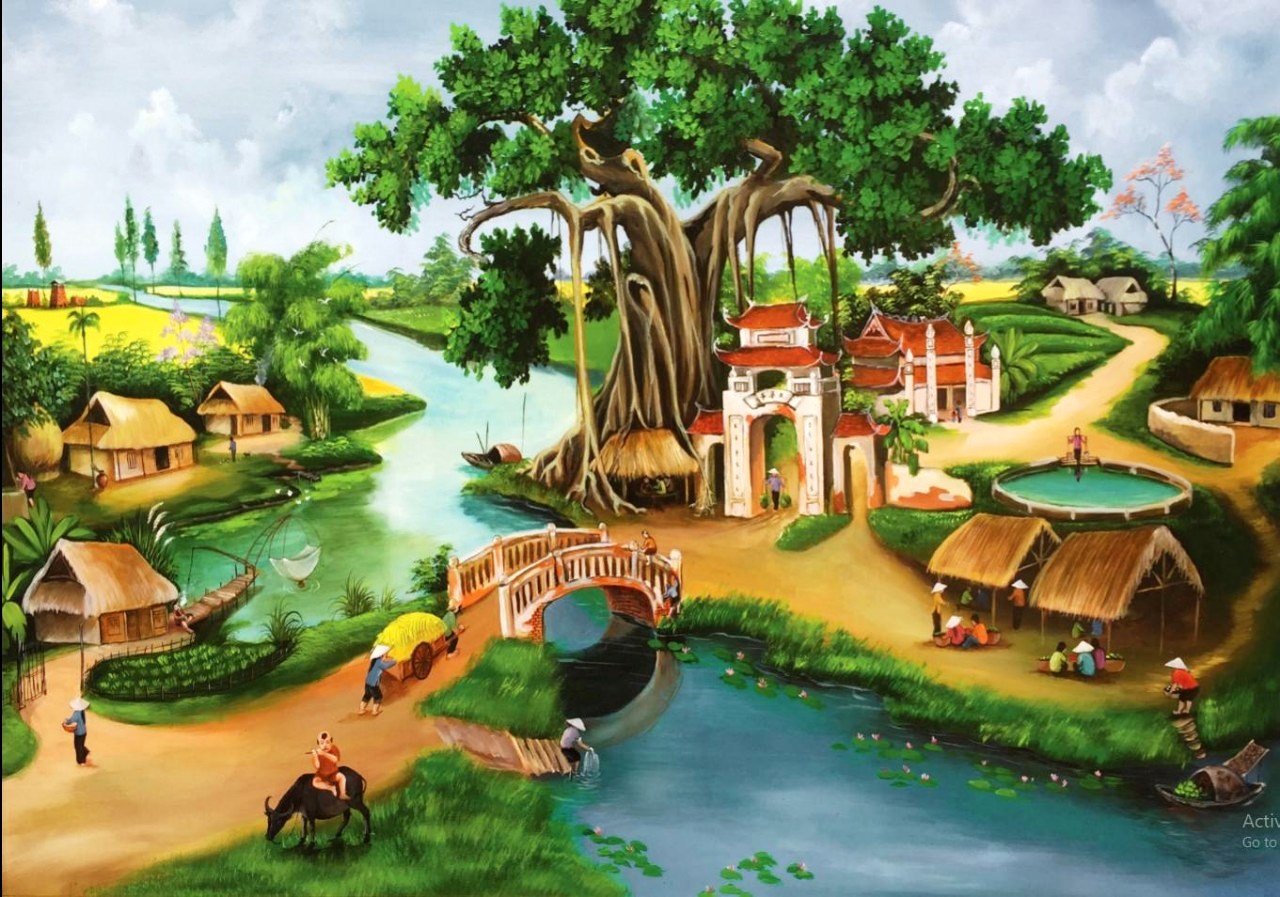 Tranh vẽ phong cảnh làng quê về cây đa giếng nước đầu làng
