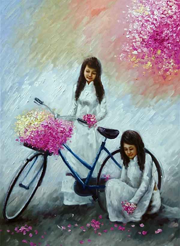 Tranh Sáng Tác Cô Gái Và Cành Hoa Phượng TSD271 - Siêu thị tranh sơn dầu  Minh Hưng