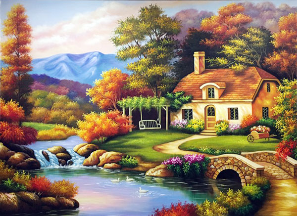Tranh sơn dầu phong cảnh Châu Âu ngôi nhà bên sông TSD 615