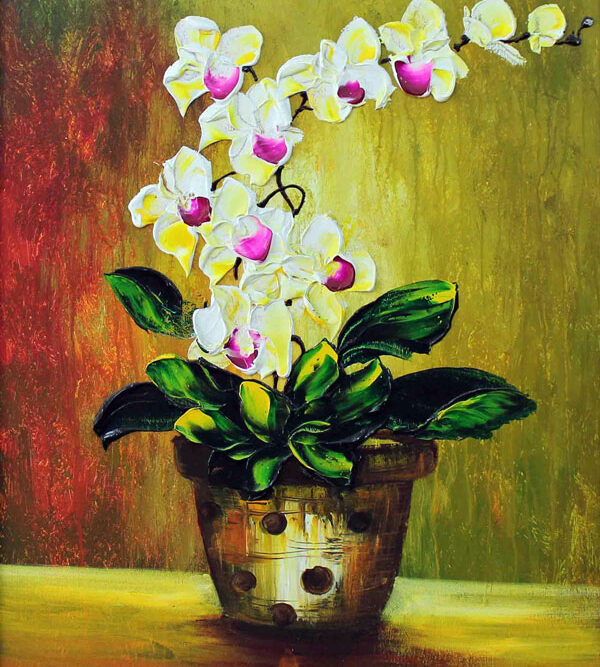 Tranh sơn dầu vẽ hoa lan trong chậu tsd40