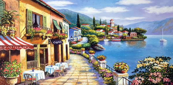 Tranh sơn dầu vẽ phong cảnh thị trấn ven biển tsd359