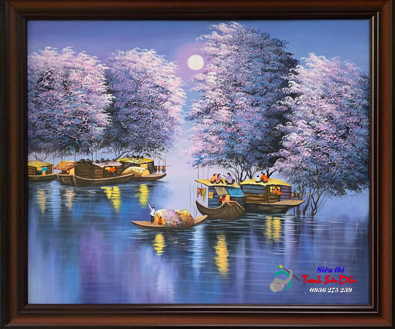 Tranh phong cảnh làng nước dưới trăng STT107