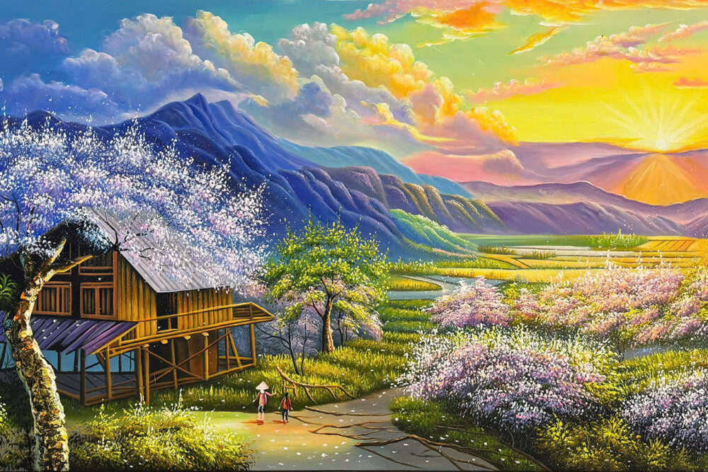 Tranh sơn dầu bình minh trên núi Tây Bắc STT558