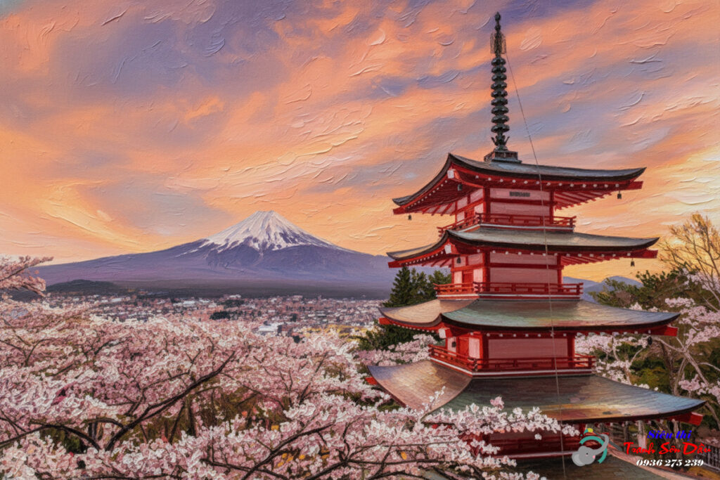 Tranh sơn dầu Vẻ Đẹp Thơ Mộng Của Núi Phú Sĩ Và Hoa Anh Đào