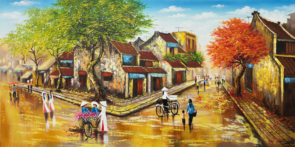 Tranh Sơn Dầu Phố Cổ Hà Nội: Nét Đẹp Hoài Niệm Giữa Lòng Đô Thị Hiện Đại 1 Tranh sơn dầu Phố cũ và dòng người STT731